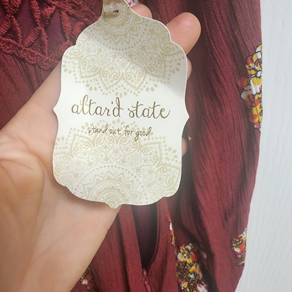 Altar'd State Burgundy Dress with Floral Accents